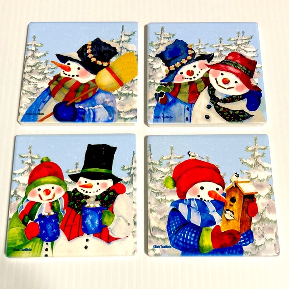 Joyful Snow Friends Christmas Holiday Drink Coasters Cork Bottoms 3.5" x 3.5" - Picture 6 of 12